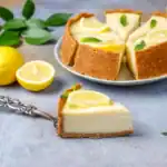 Slice of lemon ricotta cheesecake garnished with lemon and mint on a rustic background.