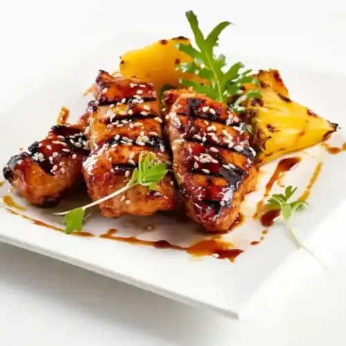 Grilled BBQ chicken with sesame seeds and pineapple slices on a white plate, garnished with fresh herbs