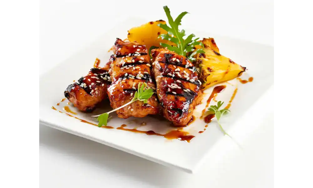 Grilled BBQ chicken with sesame seeds and pineapple slices on a white plate, garnished with fresh herbs