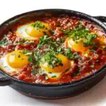 Classic shakshuka with poached eggs in spiced tomato sauce, topped with fresh parsley in a black skillet