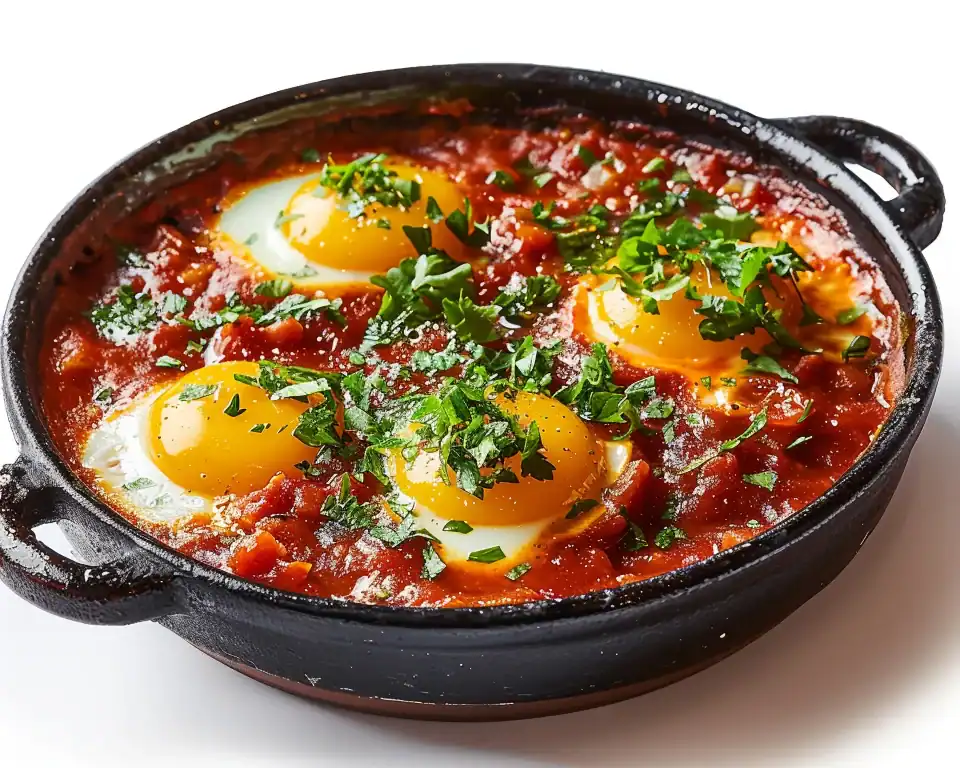 Classic shakshuka with poached eggs in spiced tomato sauce, topped with fresh parsley in a black skillet