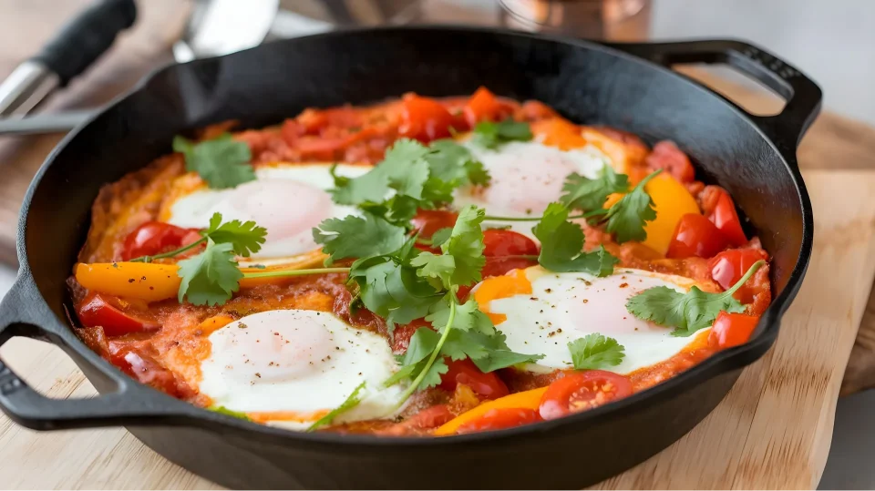 Shakshuka in a cast-iron skillet with poached eggs, bell peppers, cherry tomatoes, and fresh cilantro