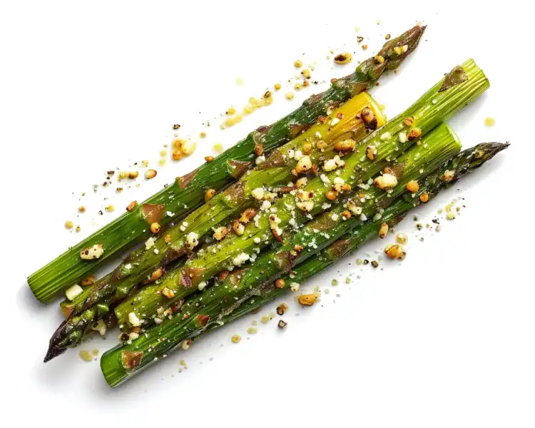 Roasted asparagus spears topped with garlic, Parmesan cheese, and toasted seasoning.