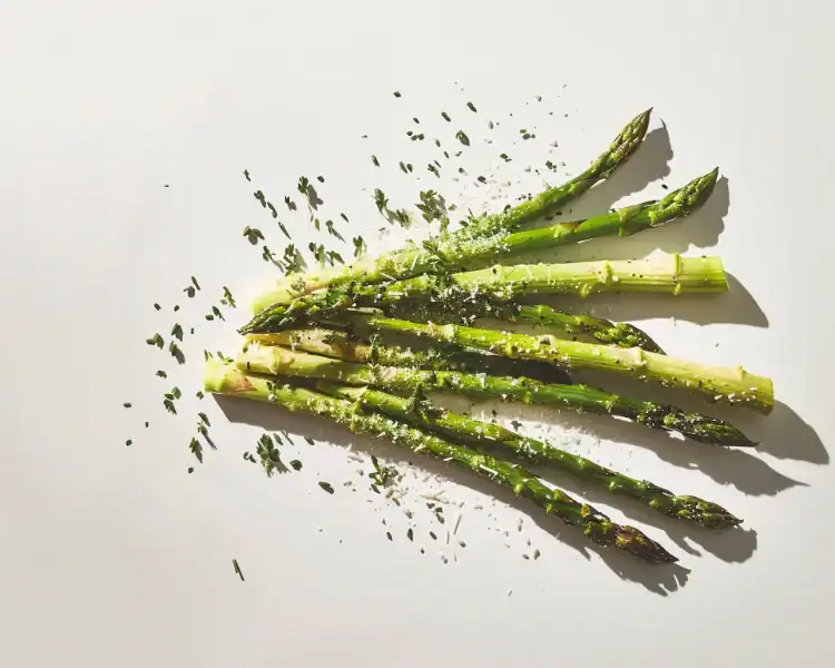 Roasted asparagus spears sprinkled with herbs and grated cheese on a white background.