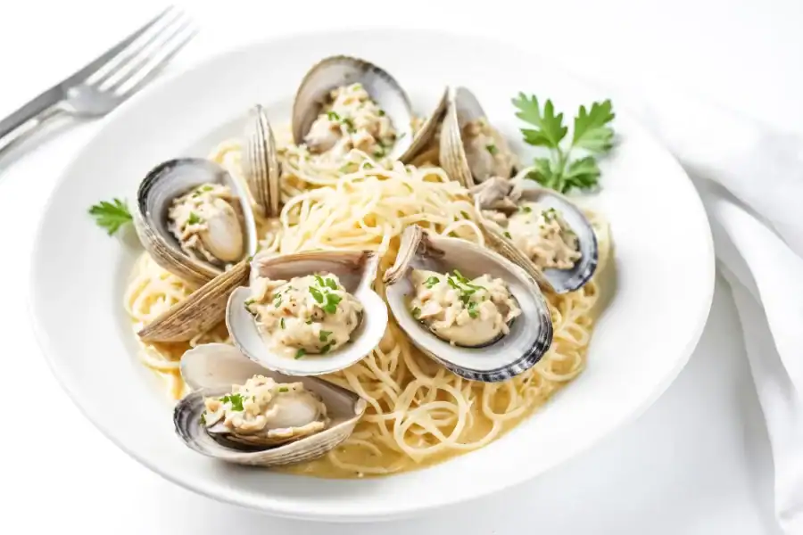Plate of clam linguine pasta garnished with parsley on a white background
