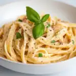 Bowl of creamy ricotta pasta topped with black pepper and fresh basil, perfect for a quick and easy dinner idea.
