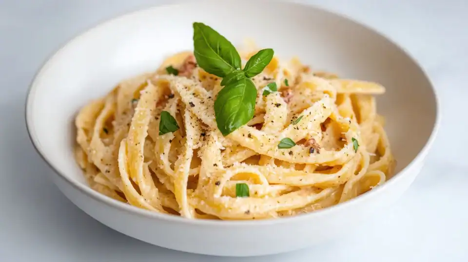 Bowl of creamy ricotta pasta topped with black pepper and fresh basil, perfect for a quick and easy dinner idea.