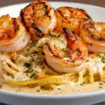Grilled shrimp served over creamy pasta with herbs in a white bowl