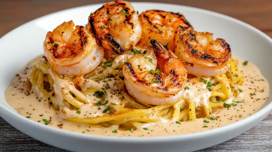 Grilled shrimp served over creamy pasta with herbs in a white bowl