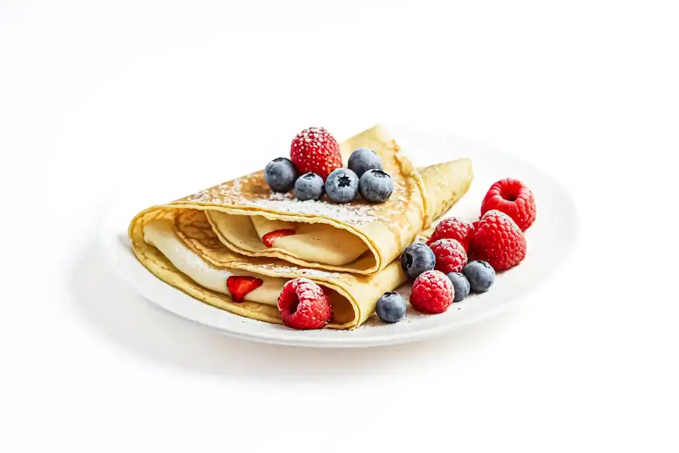 Folded homemade crepes with cream and fresh berries on a white plate