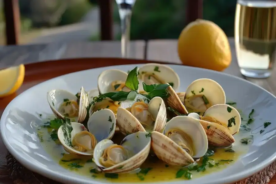 Clams in garlic butter sauce garnished with parsley and served on a white plate