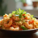 Shrimp fried rice served in a dark bowl with colorful vegetables and fresh herbs.