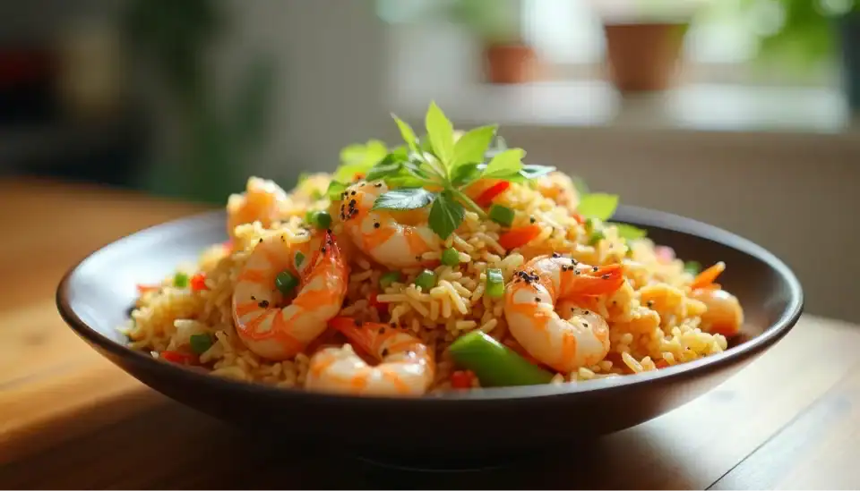 Shrimp fried rice served in a dark bowl with colorful vegetables and fresh herbs.
