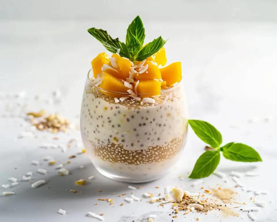 A glass of layered coconut chia pudding topped with fresh mango chunks, shredded coconut, and mint leaves.