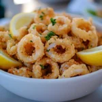Crispy fried calamari rings served in a white bowl with lemon wedges and parsley garnish