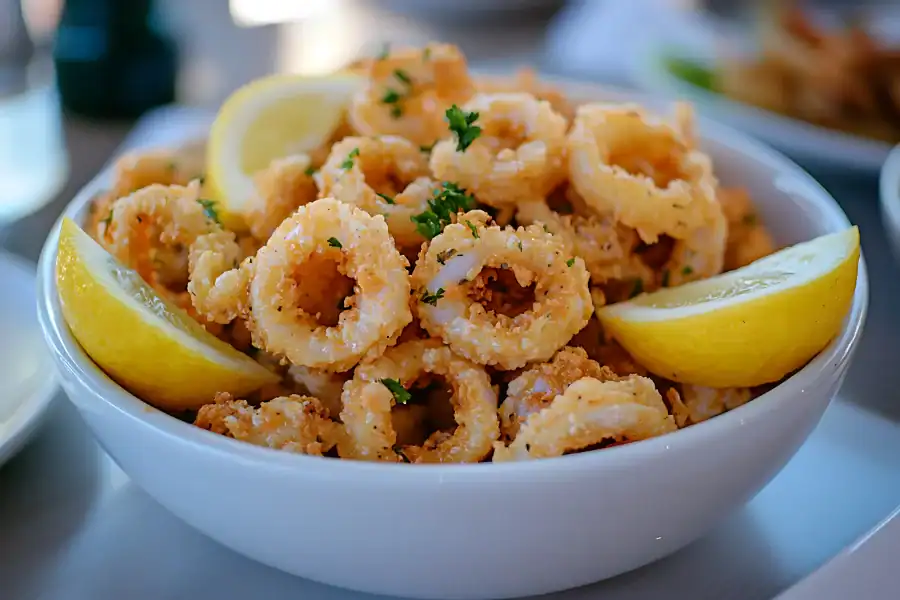 Crispy fried calamari rings served in a white bowl with lemon wedges and parsley garnish