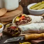 Beef doner kebab wraps with pickles and tomatoes served on a rustic wooden board