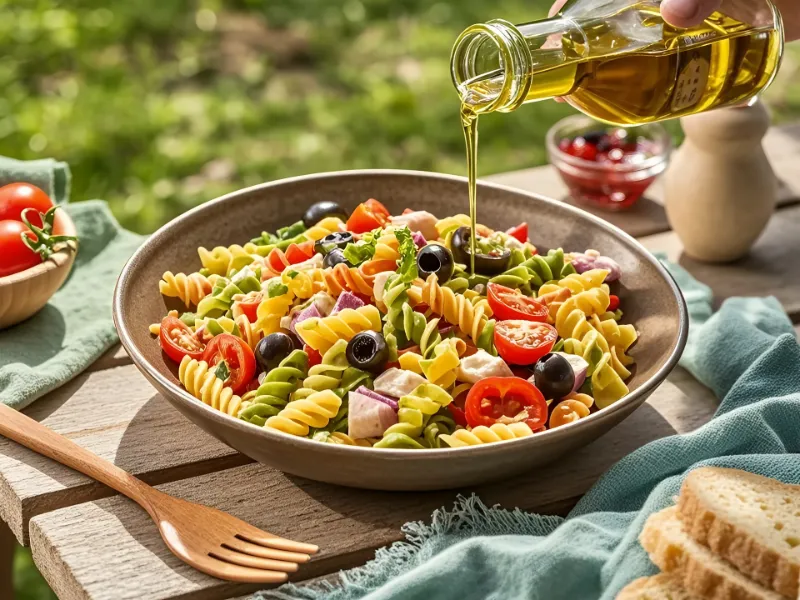 Colorful creamy tuna pasta salad in a bowl, topped with cherry tomatoes, olives, and olive oil being poured on top