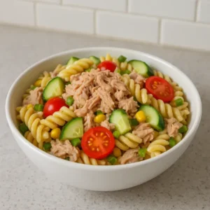 Creamy tuna pasta salad in a white bowl with cherry tomatoes, cucumber, corn, and rotini pasta