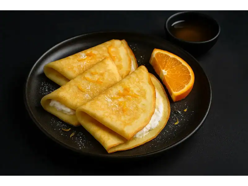 Three folded orange ricotta crepes on a black plate with a slice of fresh orange and a cup of honey on the side.