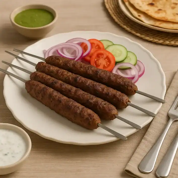Juicy seekh kebabs served on skewers with sliced onions, tomatoes, cucumbers, chutneys, and flatbreads on a dining table.