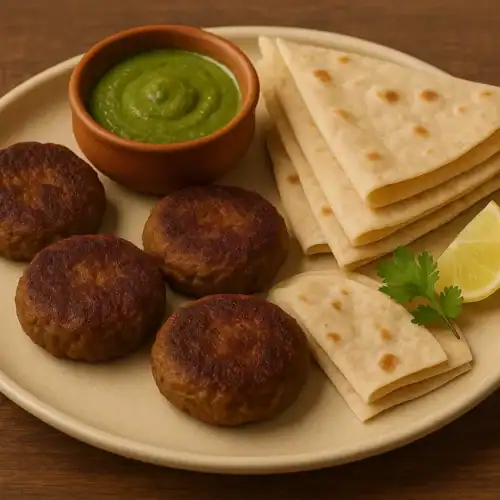 Galouti kebabs with mint chutney, roomali roti, lemon wedge, and fresh coriander on a round beige plate.
