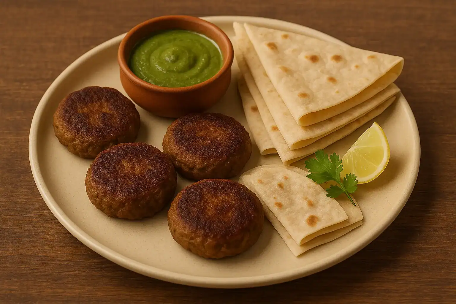 Galouti kebabs with mint chutney, roomali roti, lemon wedge, and fresh coriander on a round beige plate.