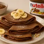 Chocolate crepes filled with Nutella, topped with banana slices and chopped nuts, served on a white plate with whipped cream on the side.