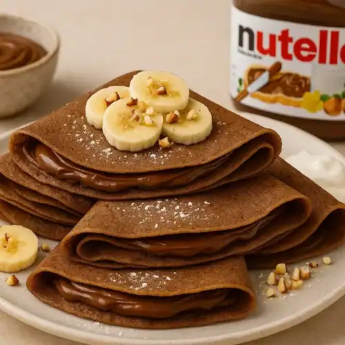 Chocolate crepes filled with Nutella, topped with banana slices and chopped nuts, served on a white plate with whipped cream on the side.