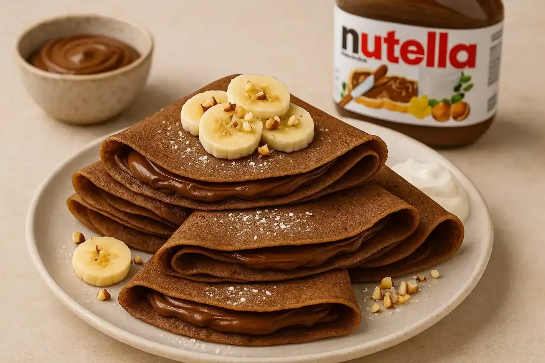 Chocolate crepes filled with Nutella, topped with banana slices and chopped nuts, served on a white plate with whipped cream on the side.