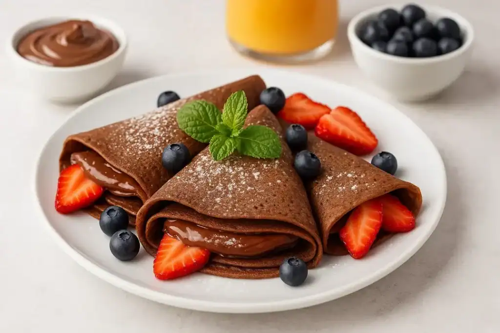 Chocolate crepes filled with Nutella and topped with strawberries, blueberries, powdered sugar, and mint, served on a white plate with orange juice and Nutella in the background.