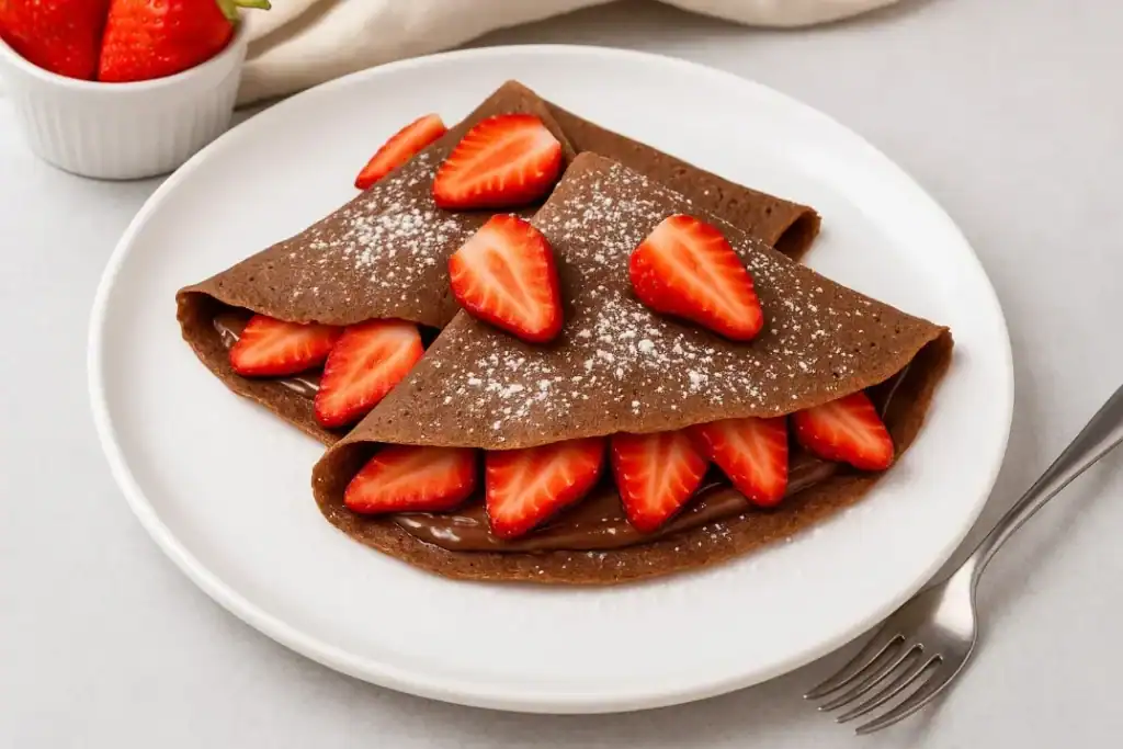 Chocolate crepes filled with Nutella and fresh strawberries, folded on a white plate and topped with powdered sugar.
