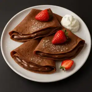 Three folded chocolate crepes filled with Nutella, topped with strawberries and served with whipped cream on a white plate over a black table.