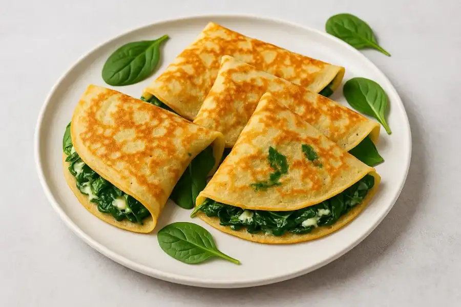 Four folded spinach and cheese crepes on a white plate, garnished with fresh spinach leaves.