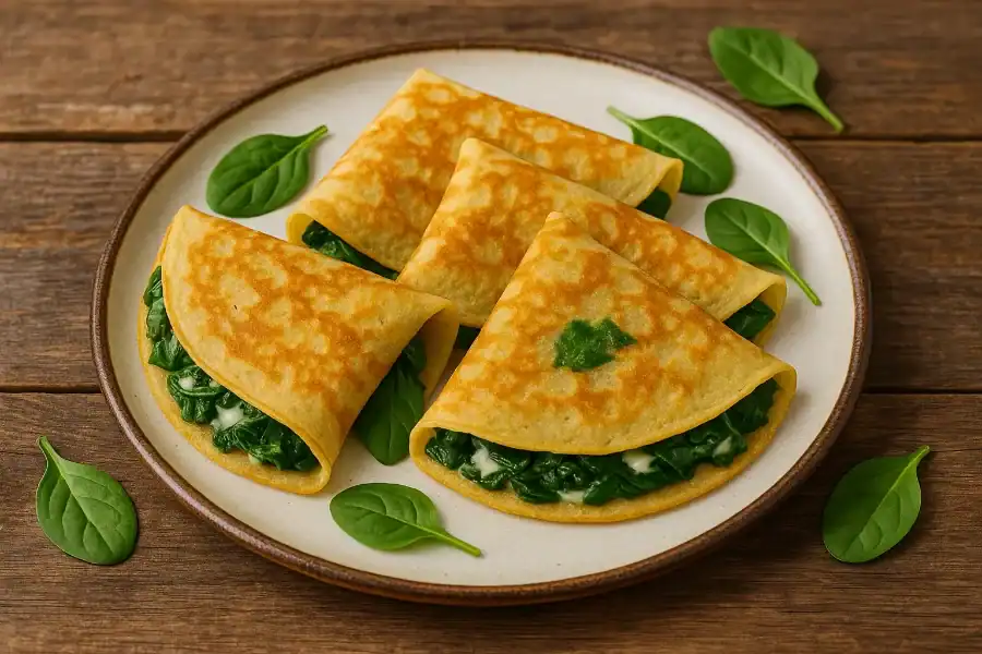 Four spinach and cheese crepes on a rustic plate, surrounded by fresh spinach leaves on a wooden table.
