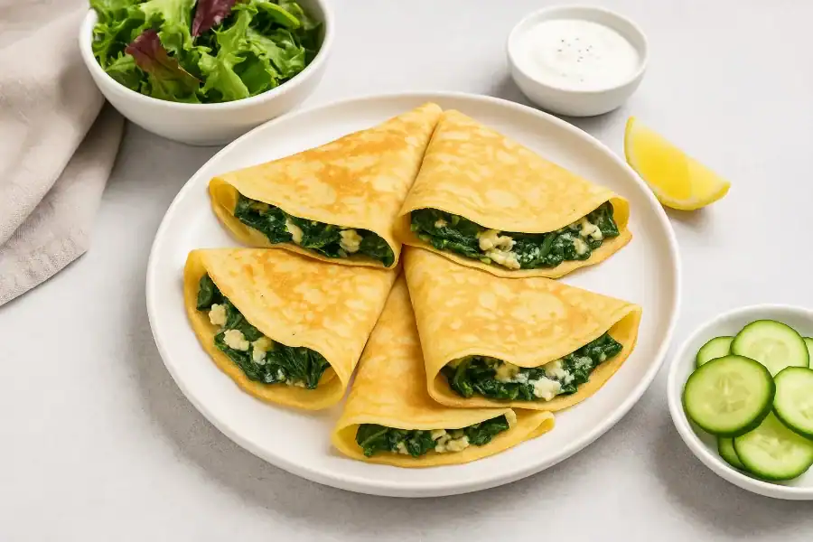 Four spinach and cheese crepes served with salad, yogurt sauce, lemon wedge, and cucumber slices on a white plate.