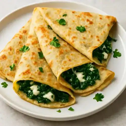Close-up of spinach and cheese crepes folded on a white plate and garnished with fresh parsley.