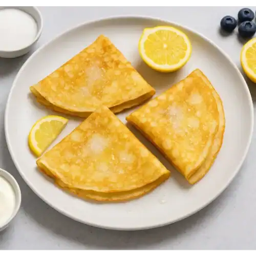 Three folded lemon and sugar crepes on a white plate, served with lemon wedges, blueberries, and yogurt on a light grey background.