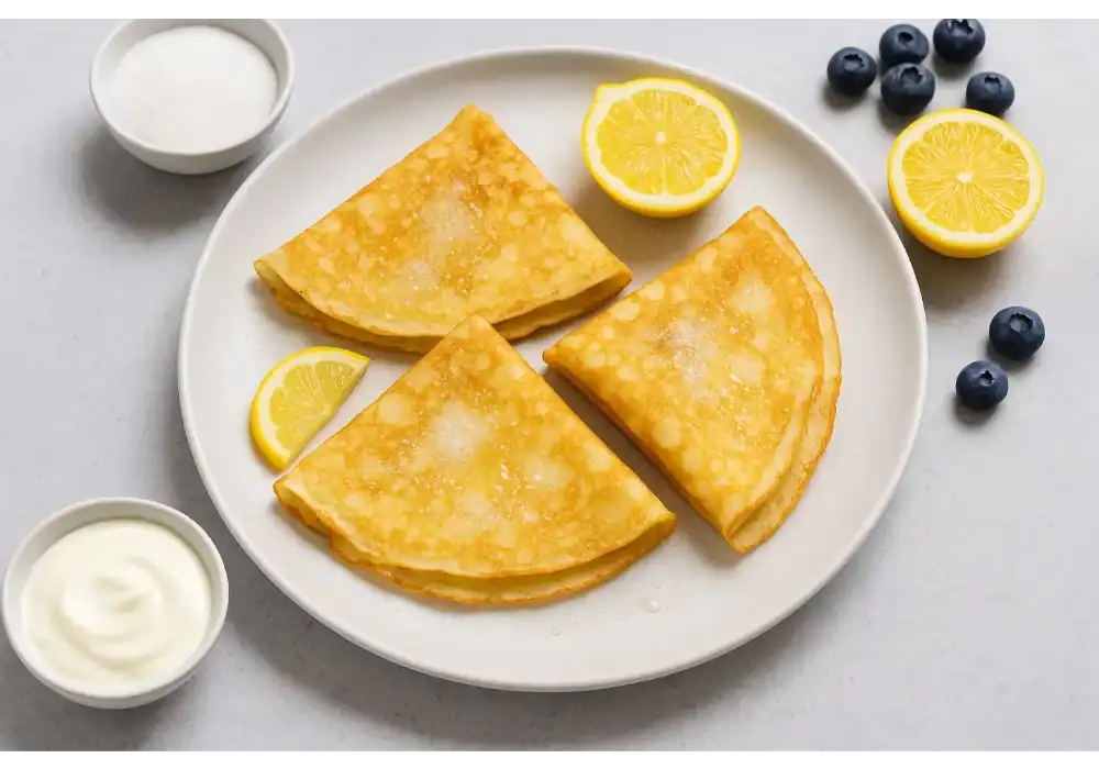 Three folded lemon and sugar crepes on a white plate, served with lemon wedges, blueberries, and yogurt on a light grey background.