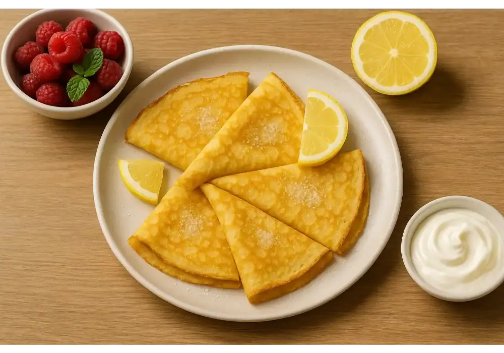 Four golden lemon and sugar crepes folded on a white plate, served with lemon slices, fresh raspberries, and a bowl of yogurt on a wooden table.