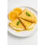 Two orange ricotta crepes folded on a white plate with orange slices and fresh mint.