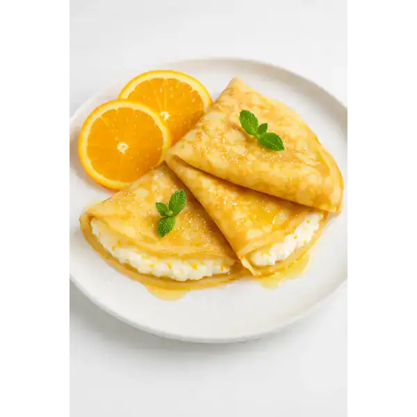 Two orange ricotta crepes folded on a white plate with orange slices and fresh mint.
