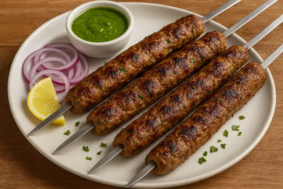 Grilled seekh kebabs on skewers served with red onion rings, lemon wedges, and green chutney on a white plate.