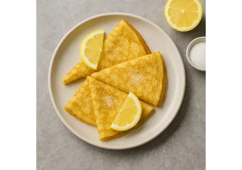 Three folded lemon and sugar crepes on a white plate, garnished with lemon wedges and served on a grey stone background with a bowl of sugar nearby.