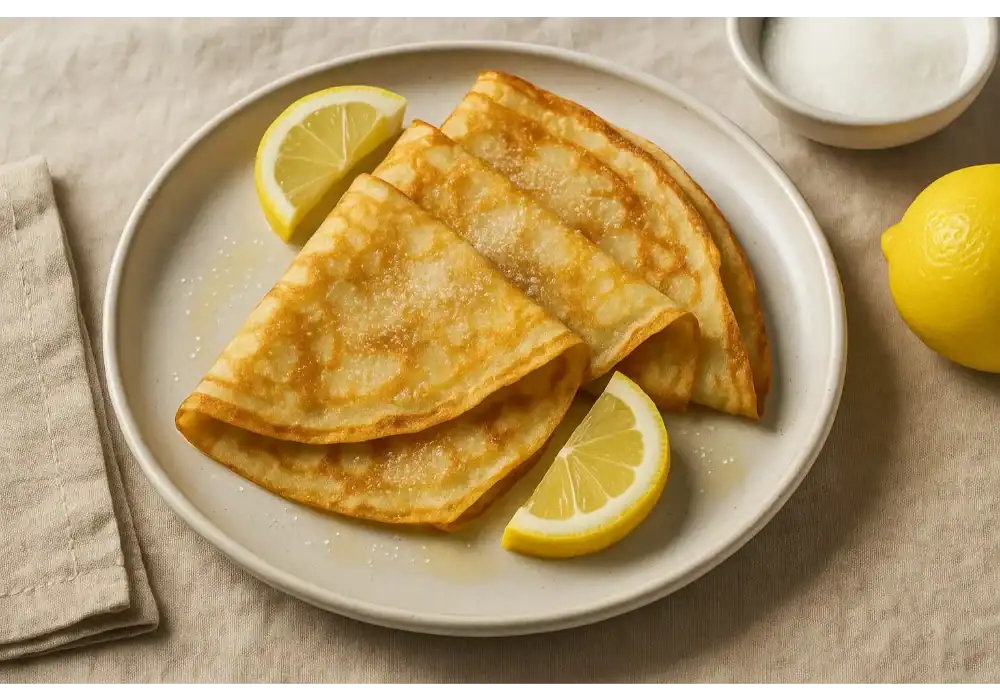 Three folded lemon and sugar crepes on a white plate with lemon wedges, placed on a beige linen tablecloth next to a sugar bowl and a whole lemon.