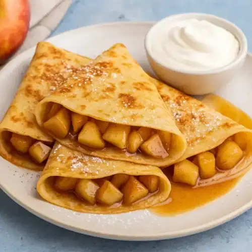 Three golden apple cinnamon crepes filled with soft spiced apples, served with syrup and whipped cream on a white plate.