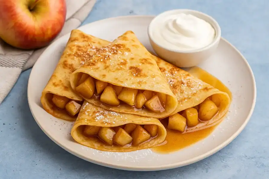 Three golden apple cinnamon crepes filled with soft spiced apples, served with syrup and whipped cream on a white plate.