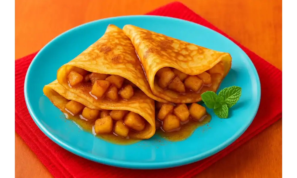 Three golden apple cinnamon crepes filled with warm spiced apples, served on a turquoise plate with syrup and a mint garnish.