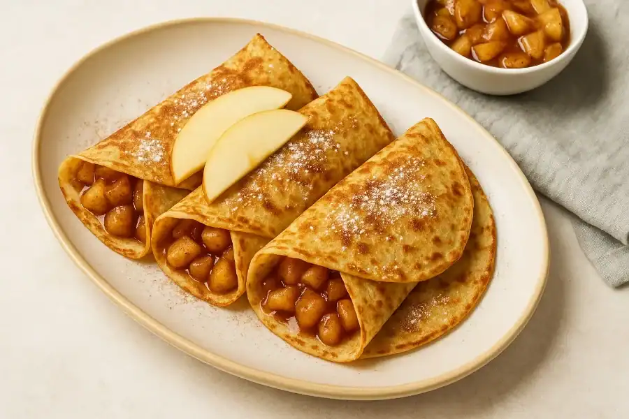 Three apple cinnamon crepes filled with spiced apple chunks, served on an oval plate with apple slices and powdered sugar.