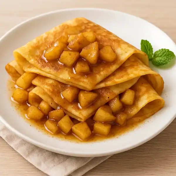 Folded apple cinnamon crepes topped with spiced apple chunks and syrup on a white plate with a mint garnish.